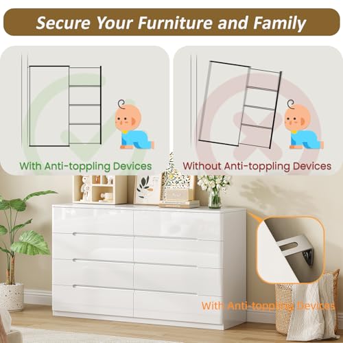 Image of White Wood Dresser, 8 Drawer Dressers for Clothes Storage for Bedroom, Modern Dresser with Wide Drawers, Wide Wooden Chest Drawers for Living Room, Entryway, TV Stand