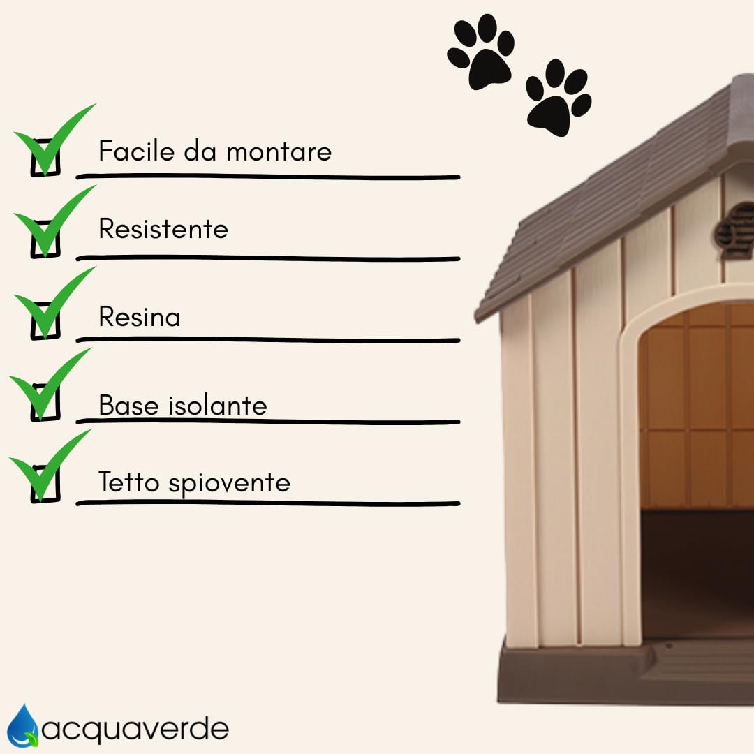 acquaverde | Cuccia per Cani da Esterno, Taglia Grande/Large Casetta per Cani in Resina, Impermeabile, Resistente, Base Isolante e Tetto Spiovente, Facile da Montare - Beige/Marrone | cm. 93x99x98