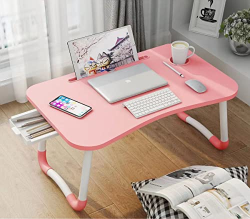 Laptop-Bed-Table-Foldable-Laptop-Desk-Bed-Tray-with-Storage-Drawer-Lap-Desk-TV-Tray-for-Breakfast-Serving-Notebook-Stand-Reading-Holder-with-Phone-Slot-and-Cup-Holder-for-Sofa-Couch-Floor-Pink