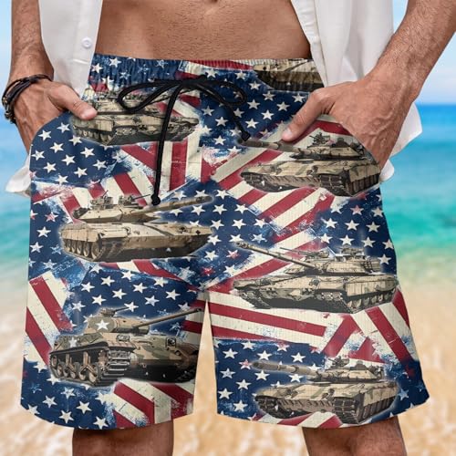 Military Tank Mens Swim Trunks - US Guard Hawaiian Mens Shorts Casual Summer Drawstring Beachwear Shorts PA782