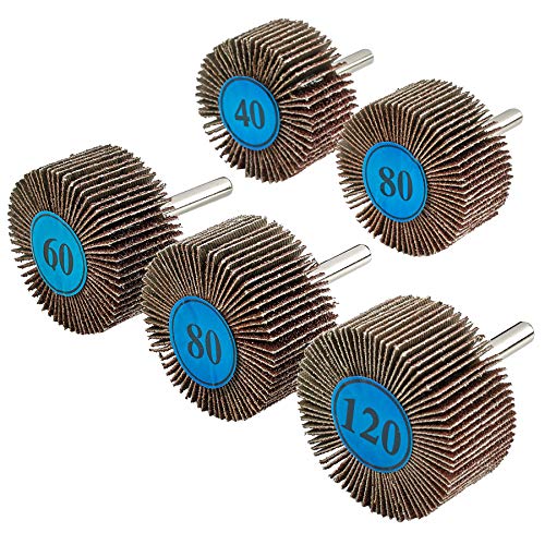 Katzco 5 Pieces 2 X 1 Inch Flap Wheels Set – 4 Different Sanding Sizes – 1/4 Shank Fits All Drills - 40 60 80 and 120 Grits - Thumbnail 2