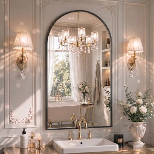 Image of 26 inchx38 inch Arched Black Bathroom Mirror - Metal Framed with HD Shatter-Proof Glass, Wall-Mounted for Over Sink, Entryway, Living Room, Bedroom