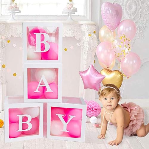 Boxy dekoracyjne na baby shower, 4 sztuki, białe przezroczyste pudełka na balony z czterema literami Baby, dekoracja na baby shower, dekoracja na baby party, pudełka na balony, pudełka na powietrzaki