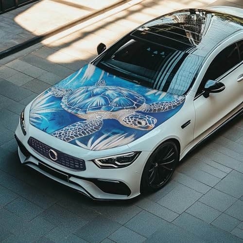 Image of Sea Turtle Print Car Hood Cover Polyester Elastic Fabrics Washable Suitable for Large SUV and Pickup Trucks 39x59in