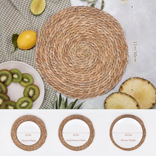 Image of Defined Deco Woven Placemats Set of 10,12 inch Round Rattan Placemats,Natural Hand-Woven Water Hyacinth Placemats,Farmhouse Weave Place Mats,Rustic Braided Wicker Table Mats for Dining Table,Home,Wedding.