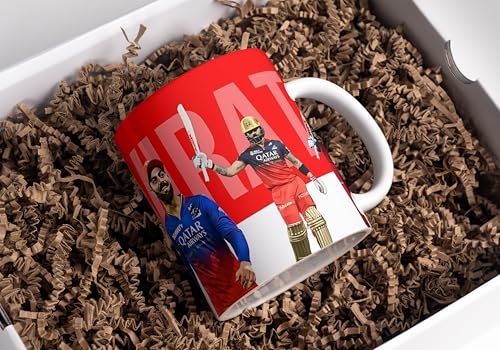 Image of Cricket Theme Coffee Mug IPL Edition - Stylish Helicopter Shot Print Cup - Gift for Cricket Fans, Boys & Friends (virat-3 RCB)