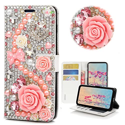 STENES Bling Wallet Phone Case Compatible with Moto G Stylus 5G 2025 Case - Stylish - 3D Handmade Crystal Rose Crown Bow Flowers Magnetic Wallet Stand Girls Women Leather Cover - Pink