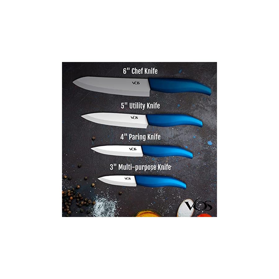Vos Ceramic Knife Set With Block, Ceramic Knives Set For Kitchen, Ceramic Kitchen Knives With Holder, Ceramic Paring Knife 3", 4", 5", 6" Inch Blue