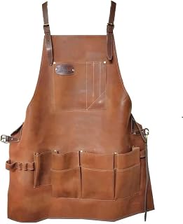 8-Pocket Tool Apron Electrician Apron, Carpenter Pouch, for Welding, Blacksmith, Woodworking, BBQ | Heat & Flame Resistant Adjustable 33” to 54”, Brown, X-Large
