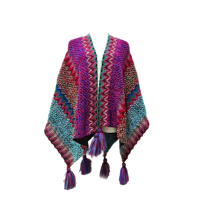 Image of Women's Elegant Knitted Shawl Poncho Fringed Striped Sweater Pullover Cape Gift for women (Fuchsia-blue)