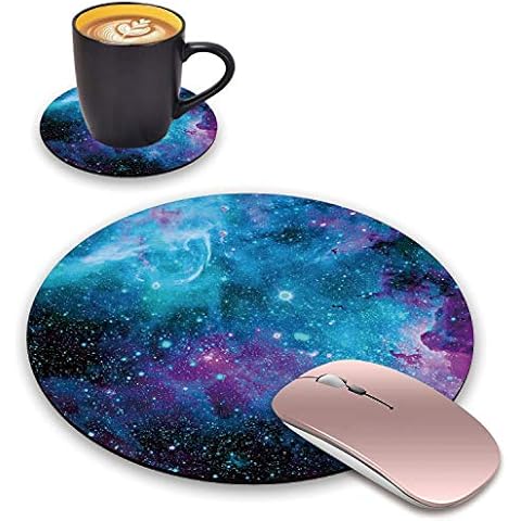 BWOOLL Round Mouse Pad and Coasters Set, Blue Purple Galaxy Design Mouse Pad, Non-Slip Rubber Base Mouse Pads for Laptop and Computer Cover