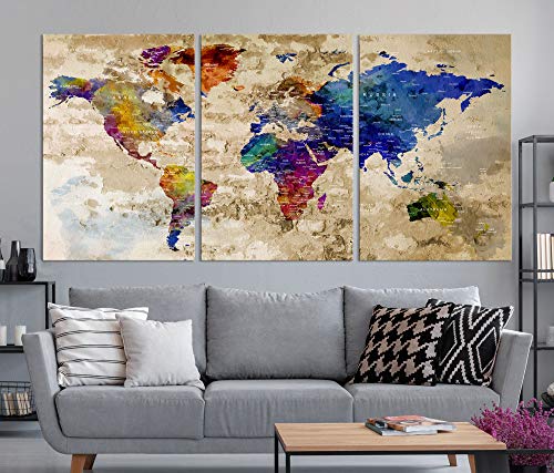 Modern Large Wall Art Rainbow Color World Map Map Push Pin Canvas Print For Wall Decor - Wall Art Canvas Print For Home And Living Decoration - Ready To Hang - Framed - Ready To Hang | Large Size 72X36 Inches | #TOP3