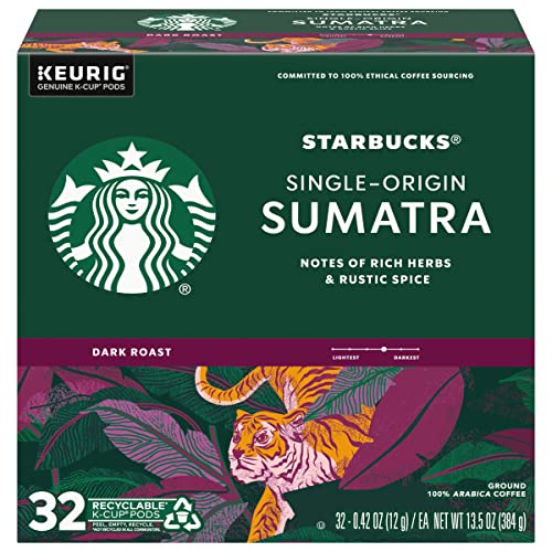 Image of Starbucks Coffee K-Cup Pods, Sumatra Single-Origin Coffee, Dark Roast Ground Coffee, Keurig Genuine K-Cup Pods, 32 Count (Pack of 4)