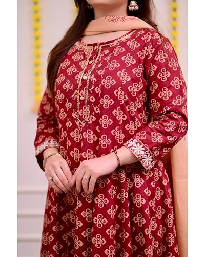 Image of KLOSIA Women Red Printed Anarkali Kurta and Pant with Dupatta Set