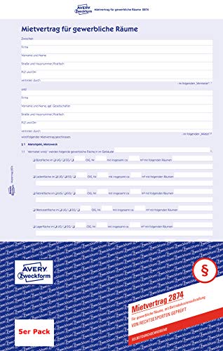 AVERY Zweckform 2874-5 Mietvertrag für gewerbliche Räume (Vertrag mit Vereinbarung über Mietzweck, Konkurrenzschutz und Werbemaßnahmen, 6-seitiges Formular in A4, selbstdurchschreibend) 5 Stück, blau