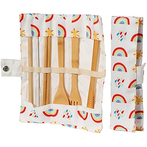 Bamboo Utensils Cutlery Set Reusable Cutlery Travel Set - Eco-Friendly Wooden Biodegradable (Rainbow Sunshine) Cover