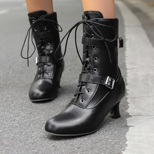 Alyaafifa Lace Up Ankle Boots for Women Kitten Heel 2 Inch Closed Round Toe Vintage Victorian Gothic Booties with Zipper Matte Leather Low Heel Short Fall Boots Comfortable Trendy2