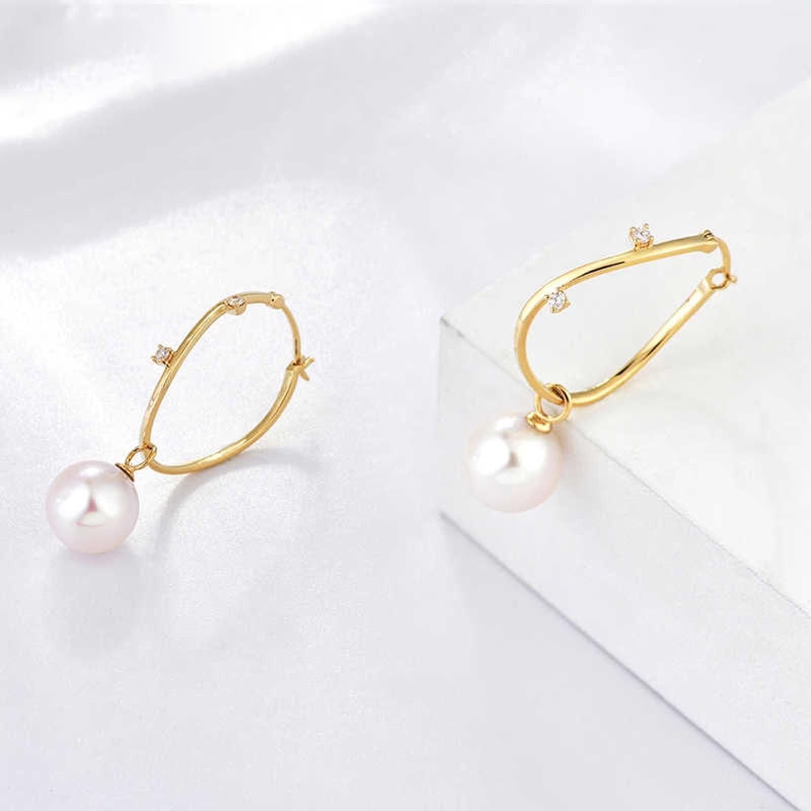 Earrings for Women, Ohrringe Hängend mit Perlen 8,5–9 mm und Diamant 0,07 ct Gelbgold