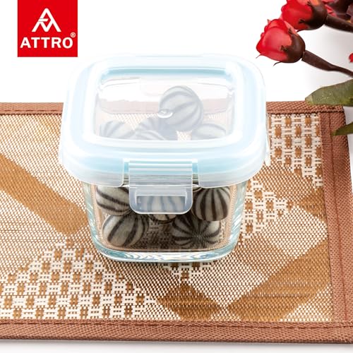 Image of ATTRO Glassox borosilicate Mini Square Glass food container with lock lid Small Food Container Air-Tight Leak-proof Bpa-Free Food Grade- 160ml Set of 2