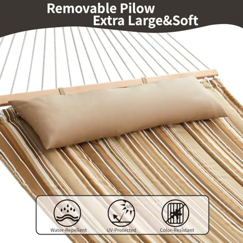 Image of Double Quilted Fabric Hammock with Hardwood Spreader Bars and Pillow 450 LBS Capacity 2 Person Large Hammock for Outdoor Patio Backyard Poolside - Brown Stripe