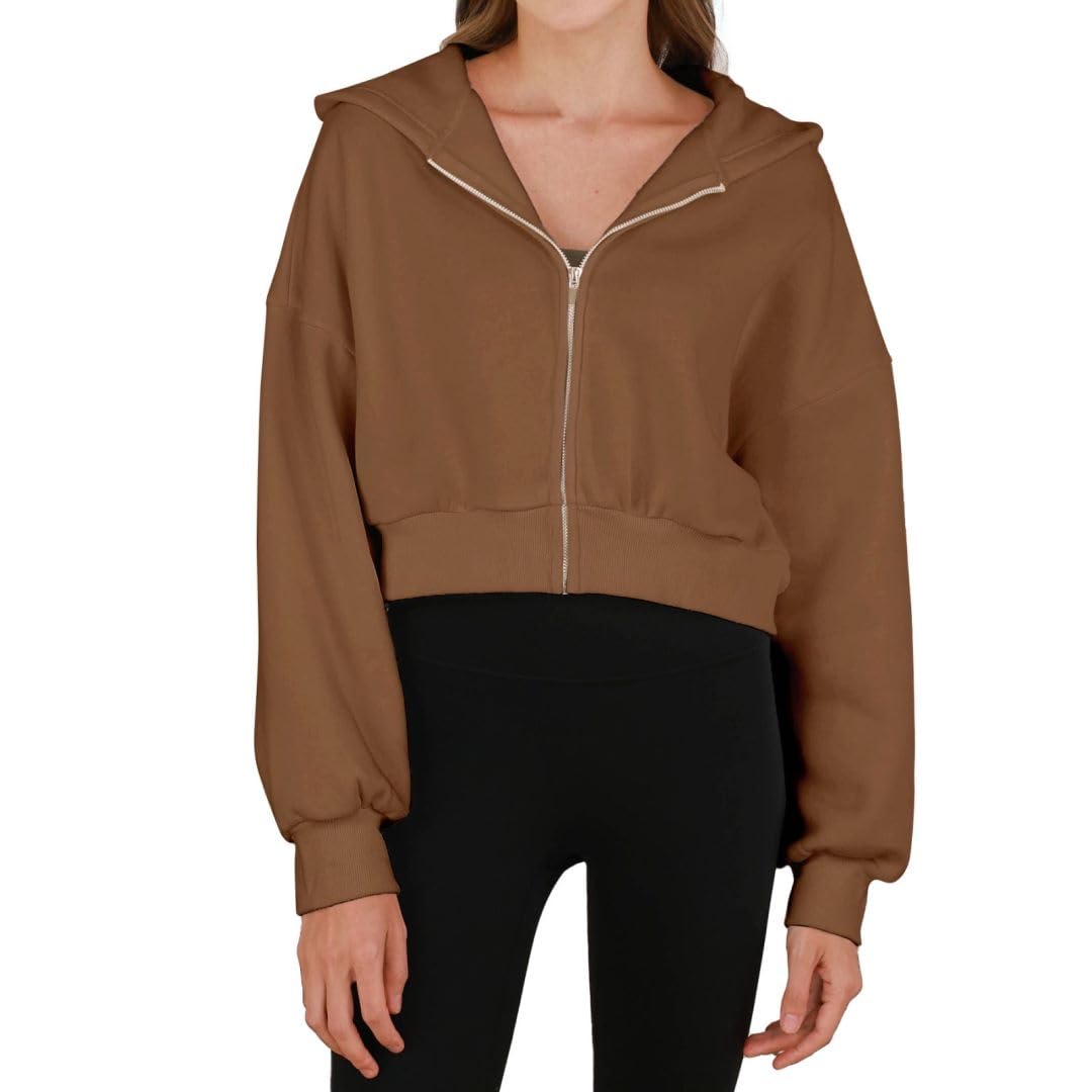 Amazhiyu Women's Cropped Zip-up Hoodies Fleece Long Sleeve Sweatshirt with Hood