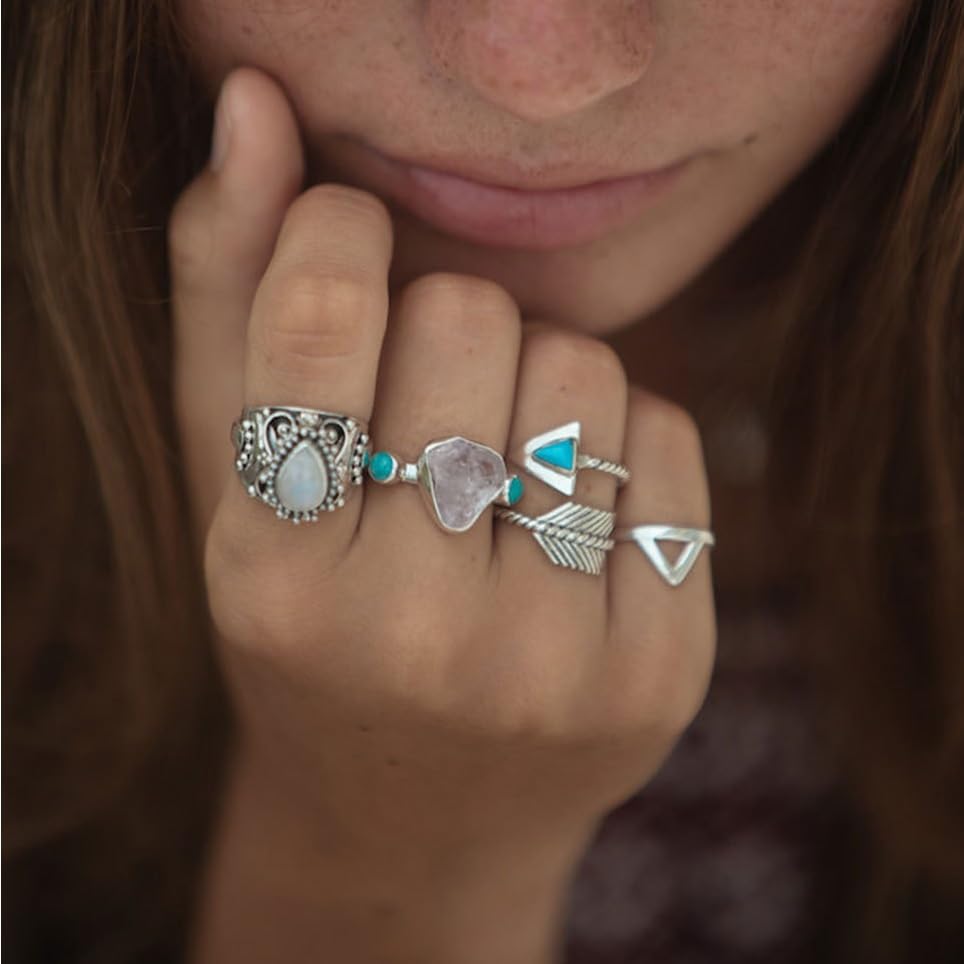 Boho Vintage Arrow Ring with Turquoise Stone, Silver Tone, Adjustable3