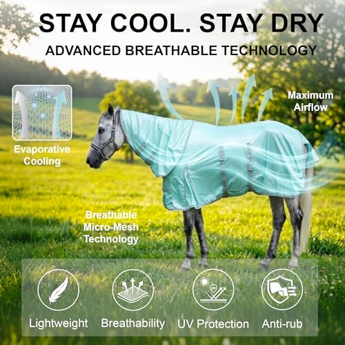 Image of Summer Horse Fly Sheet with Detachable Neck & Belly Wrap, Breathable Fine Mesh Sweet Itch Protection for Stable & Pasture Turnout, Biting Defense & All-Day Comfort Shield Moonlightgreen 66 inch
