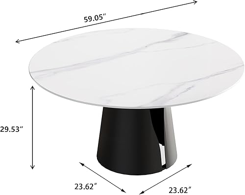 Miniatura 2 de Sdorens Mesa de comedor redonda moderna de 59 pulgadas, mesa de piedra sinterizada blanca con base de acero al carbono sólido, mesa de comedor de