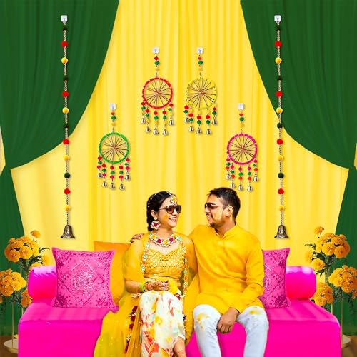 Image of Party Propz Green and Yellow Backdrop Decorations with Pom Pom Hangings, Mehendi Decoration Setup, Haldi Decoration Items for Home Decor, Backdrop Cloth for Decorations Pooja(17Pcs)(Satin)
