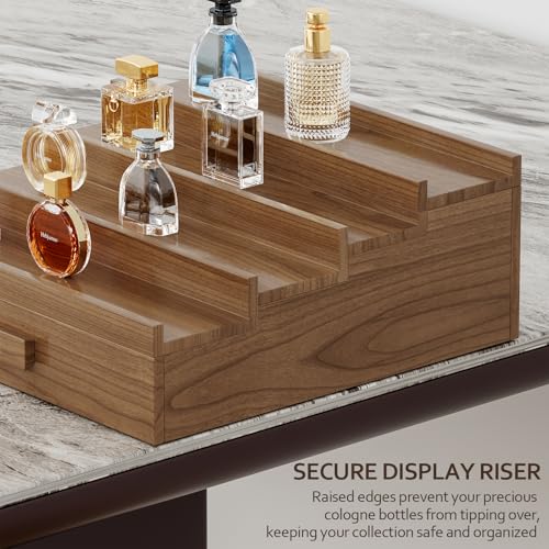 Image of Solid Walnut Cologne Organizer for Men, 4 Tier Cologne Stand Display Shelf | Wood Perfume Organizer, Cologne Holder with Drawer Storage and Hidden Compartment,Gift for Men Dad Husband Brother Boyfriend