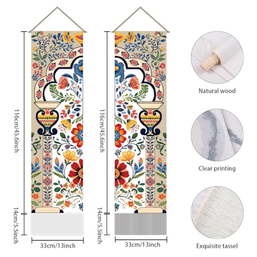 AHANDMAKER 2Pcs Boho Flower Mandala Indian Vertical Tapestry, Boho Floral Art Wall Hanging with Tassel for Living Room, Entry (45.7x13 Inch) - Image 4