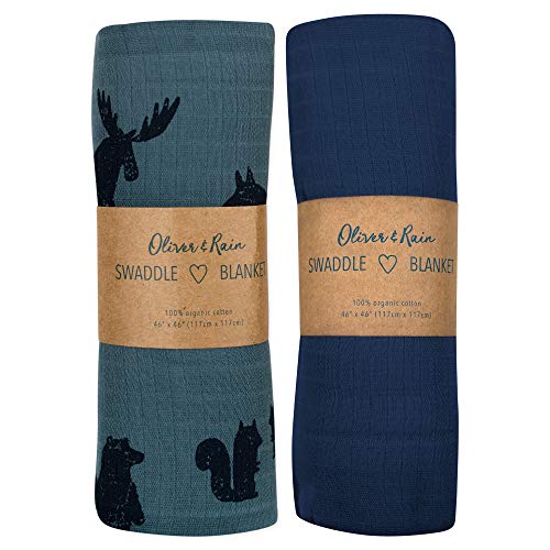 Image of Oliver & Rain Organic Muslin Baby Boy Swaddle Blankets 2 Pack Receiving Blanket Wolf-Navy