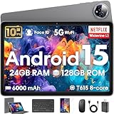 Android 15 Tablet 10 inch,24GB RAM 128 ROM,Tablets with Keyboard Case Mouse Stylus,1TB Expandable,Octa-Core 6000mAh 1280x800 IPS HD,5G WiFi,T615 CPU,High Performance,Processor,Dual Camera(Gray)