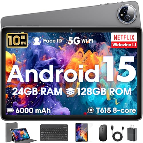 Android 15 Tablet 10 inch,24GB RAM 128 ROM,Tablets with Keyboard Case Mouse Stylus,1TB Expandable,Octa-Core 6000mAh 1280x800 IPS HD,5G WiFi,T615 CPU,High Performance,Processor,Dual Camera(Gray)