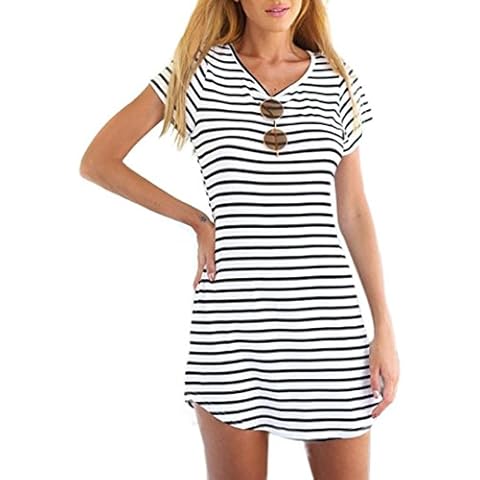 TINYHI Women's Round Neck Striped Basic Casual T Shirt Short Sleeve Blouse Tops White Cover
