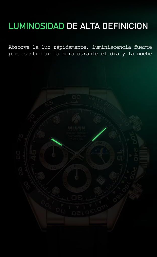 Munin Reloj de Hombre Cobre, Reloj clásico Negro con Detalles en Cobre, Cronógrafo, Correa de Caucho, Movimiento de Cuarzo, Analógico con 3 subsferas