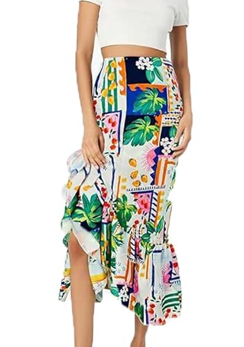 AEJENNIO Boho Skirts for Women Casual High Waisted Beach A Line Flowy Skirt Summer Floral Ruffle Maxi Skirt with Slit AEJENNIO Boho Skirts for Women Casual High Waisted Beach A Line Flowy Skirt Summer Floral Ruffle Maxi Skirt with Slit