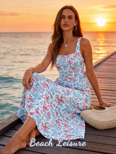 Image of Sureple Midi Dresses for Women 2026 Spring Square Neck Tank Sleeveless A Line Casual Summer Sundresses with Pockets