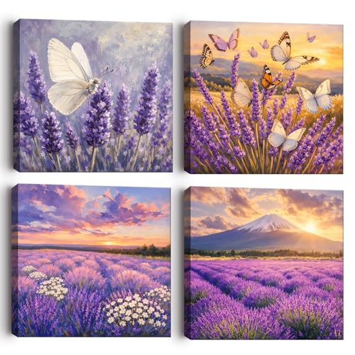 Image of Alptiny 4 Pieces Wall Art Canvas Prints Framed Wall Art Prints Lavender Field Butterfly Flower Landscape Picture Canvas Artwork For Living Room Bedroom Bathroom Hallway Decor 30x30cm