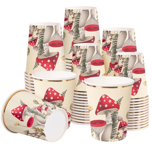 WRAPAHOLIC 50 Pcs Mushroom Paper Cups - 9 oz Red Mushroom Disposable Cups, Coffee...