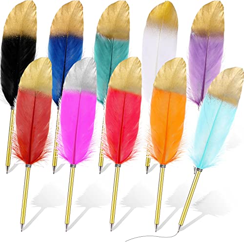 Chivao 10 Pcs Feather Quill Ballpoint Pens Bulk 0.5mm Ink Refined Plated Rod Feathered Vintage Pens...
