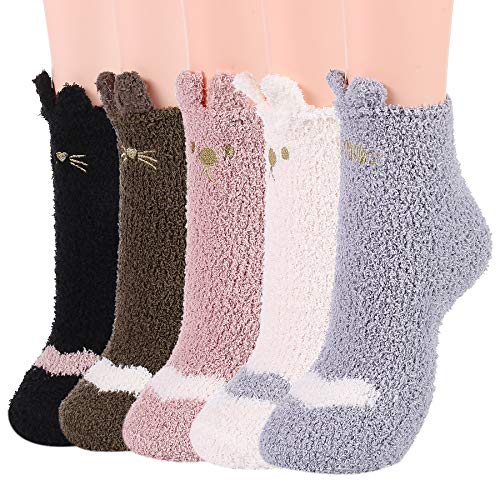 Zando Women's Fuzzy Socks Warm Cute Fuzzy Socks Indoor Slipper Socks Cozy Sleeping Socks Winter Fluffy Socks Super Soft Plush Socks Microfiber Sleep Socks for Girls 5 Pairs Mixed Animal One Size