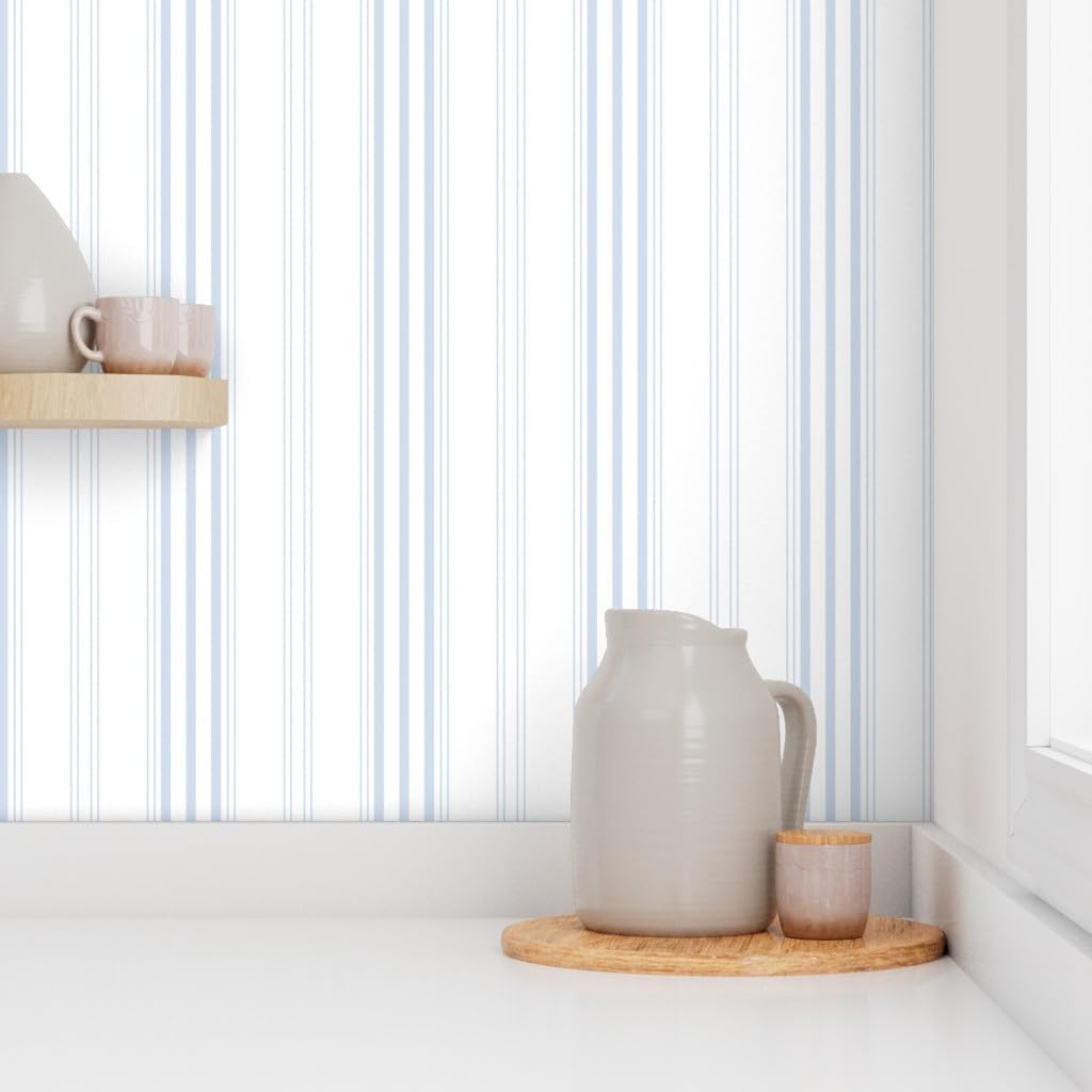 Peel & Stick Wallpaper 3ft x 2ft - Stripe Pale Blueberry Stripes Blue White Swedish Vintage Geometric Coastal French Boy Custom Removable Wallpaper by Spoonflower