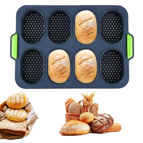 Fhioevt Brötchenform Brötchenbackformen Brötchen Backblech Baguette Blech Form Silikon Brötchenblech für 8 Brötchen Mini Baguetteblech Gelocht Silikonform Baguetteform für Muffins, Breadstick
