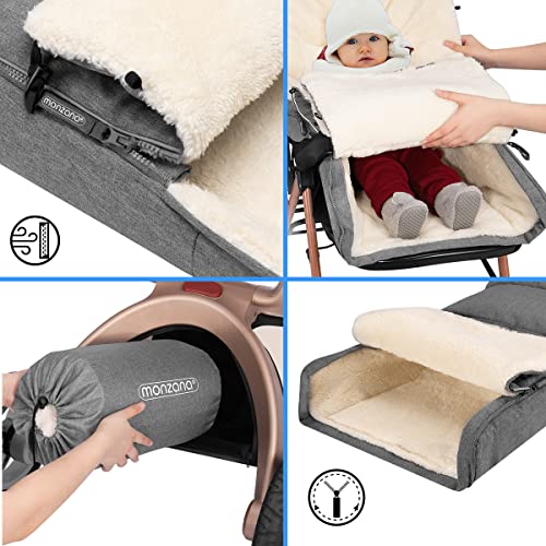 MONZANA® Baby Fußsack mit Handwärmer Reflektoren verschließbares Kopfteil 5-Punkt Gurt Kinderwagen Winter Babyschale Einschlagdecke Kuschelig Graugrün