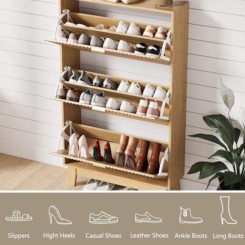 Image of HUANLEGO Shoe Cabinet Storage for Entryway with 3 Flip Drawers, Fluted Narrow Shoe Organizer with Wooden Legs, Freestanding Slim Shoe Storage Hidden Shoe Rack Organizer for Front Door Entrance, Oak