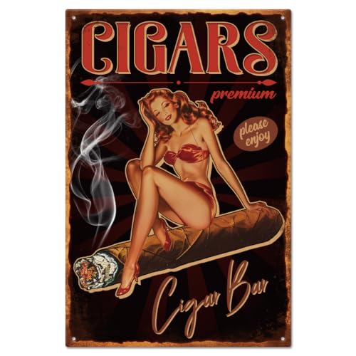 GLOBLELAND Vintage Pin Up Lady Metal Tin Sign 8×12inch Retro Cigar Funny Tin Room Door Sign Cave Signs Art Plaque Poster Wall Decor for Home Bars Cafe Pubs Club Decoration