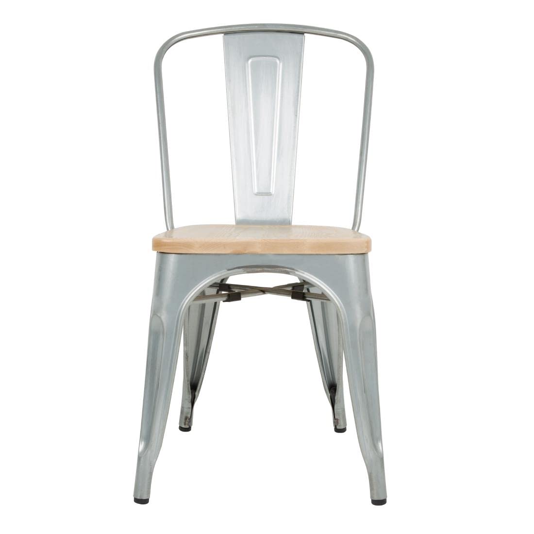 Bolero Chaise acier avec assise en bois (lot de 4), assise en acier galvanisé/frêne, hauteur d'assise : 445 mm, chaises d'intérieur et d'extérieur, empilables, usage professionnel et domestique, GM642