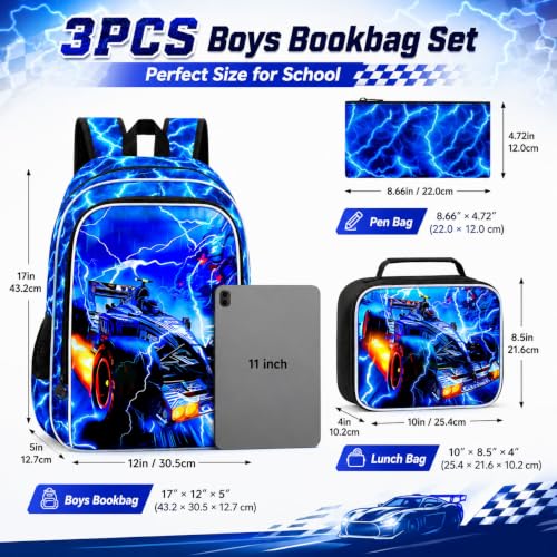 Image of 17 inch Cars Backpack for Boy, 3Pcs Lightning Bookbag for Elementary Preschool Kindergarten, Kids School Backpacks with Lunch Box (Blue)