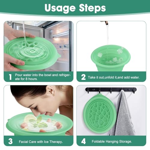 Image of Silicone Collapsible Face Ice Bowl with ice Roller Massager Combo for Cold Plunge Therapy, Pore Tightening & Acne Relief Reusable Portable Spa Tool for Home & Travel Pack 2 (Green Bowl + Ice Roller)